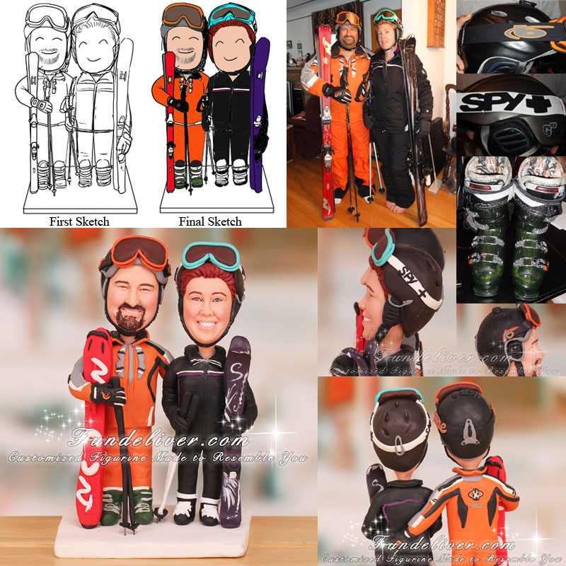 Couple Dressed Up in Ski Jackets and Ski Helmets Wedding Cake Toppers